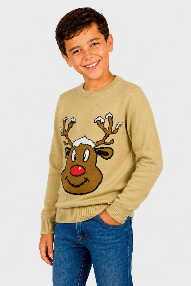 Pull de Noël famille Beige avec Renne Souriant Garçon