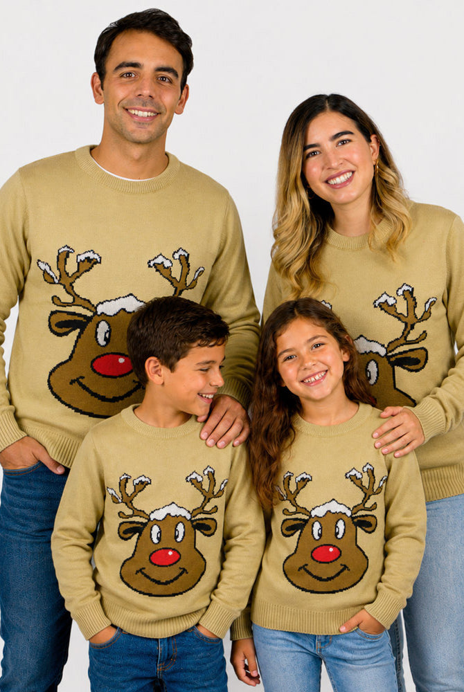 Pull de Noël famille Beige avec Renne Souriant