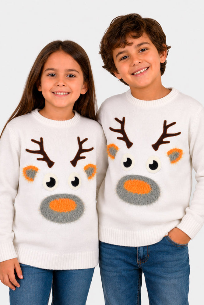 Pull de Noël pour Famille Blanc avec Renne 3D Enfants