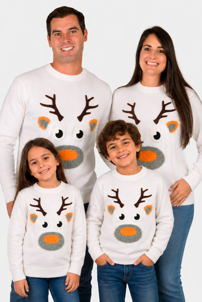 Pull de Noël pour Famille Blanc avec Renne 3D