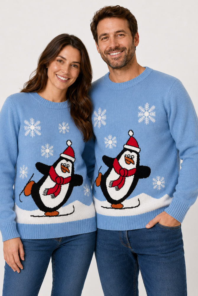 Pull de Noël Famille Bleu Ciel avec Pingouin Couple