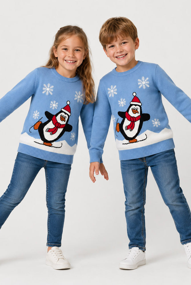 Pull de Noël Famille Bleu Ciel avec Pingouin Enfants