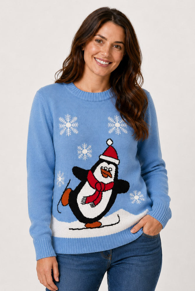 Pull de Noël Famille Bleu Ciel avec Pingouin Femme