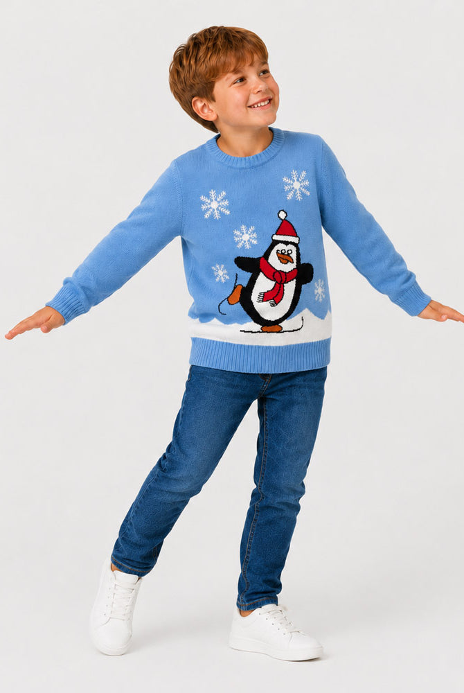 Pull de Noël Famille Bleu Ciel avec Pingouin Garçon