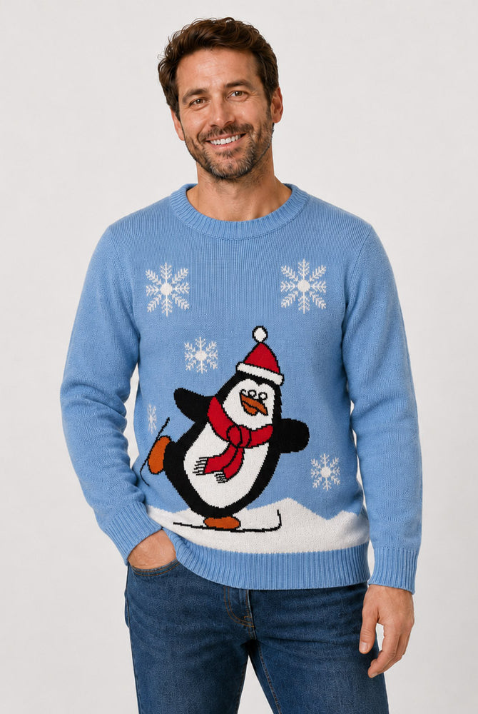 Pull de Noël Famille Bleu Ciel avec Pingouin Homme