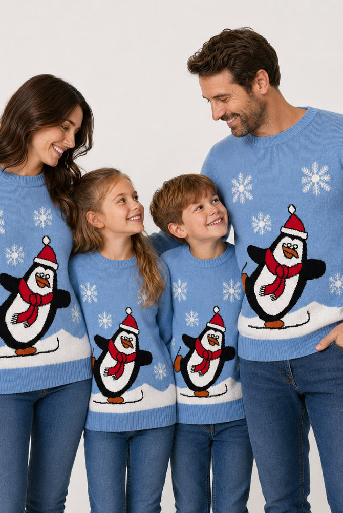 Pull de Noël Famille Bleu Ciel avec Pingouin