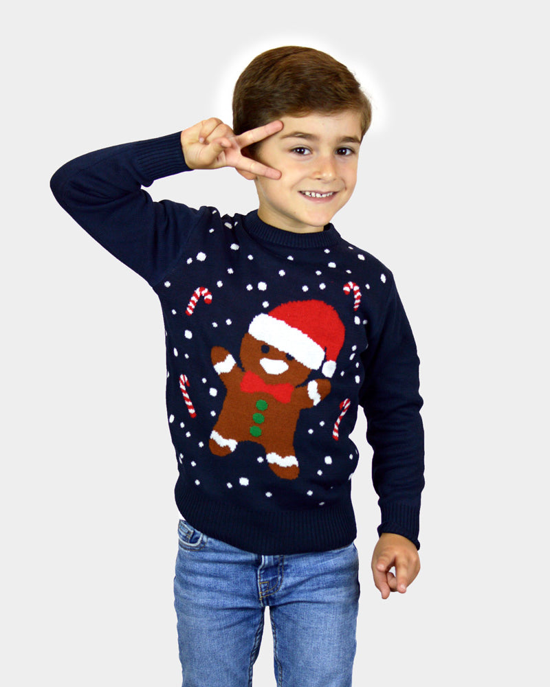 Pull de Noël Enfants Famille Bleu Gingerbread