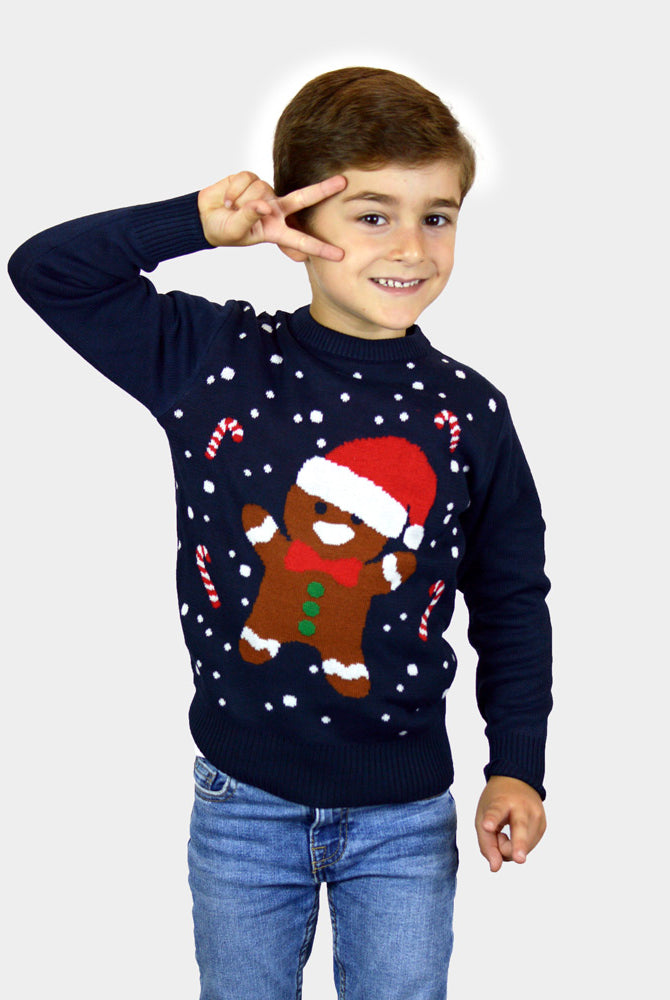 Pull de Noël Enfants Famille Bleu Gingerbread