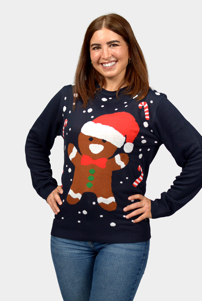 Pull de Noël Femme Famille Bleu Gingerbread