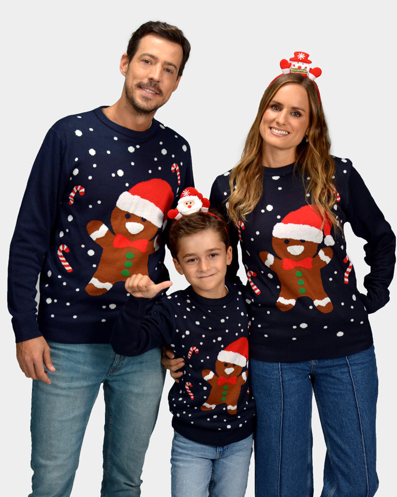 Pull de Noël pour Famille Bleu Gingerbread