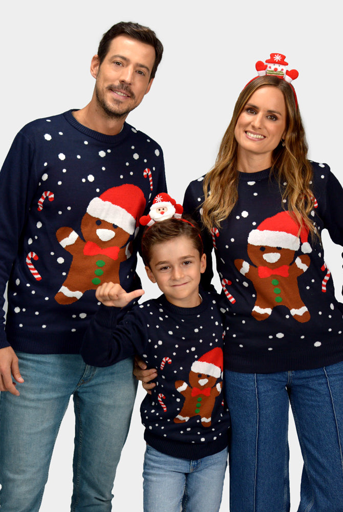 Pull de Noël pour Famille Bleu Gingerbread