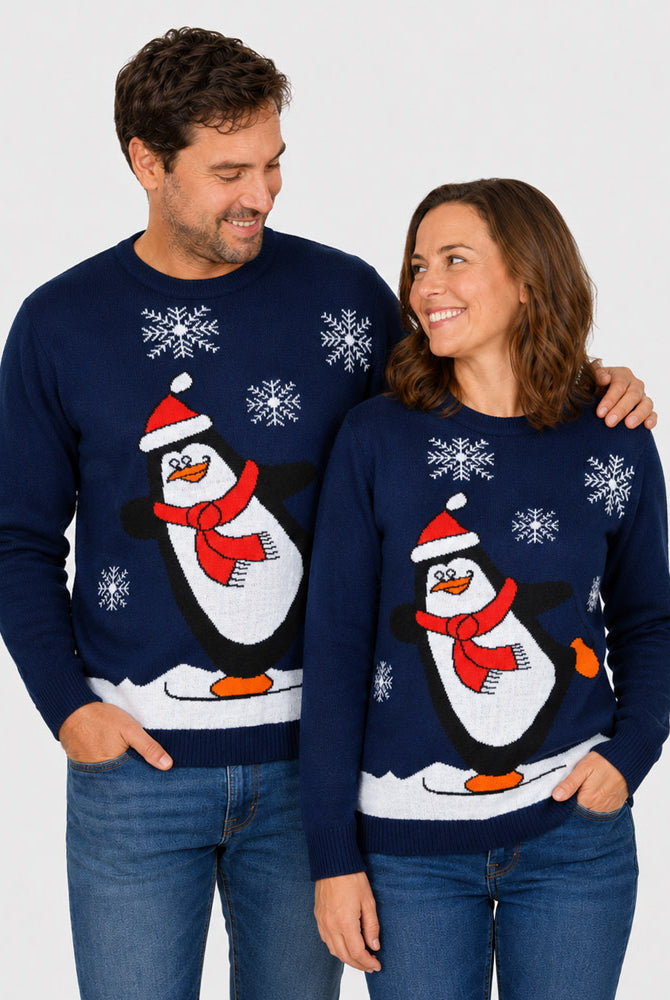 Pull de Noël Famille Bleu Marine avec Pingouin Couple