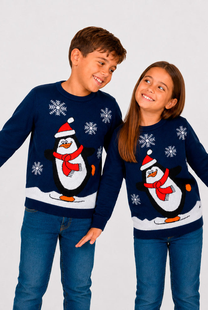 Pull de Noël Famille Bleu Marine avec Pingouin Enfants