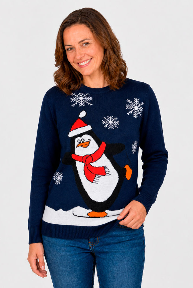 Pull de Noël Famille Bleu Marine avec Pingouin femme