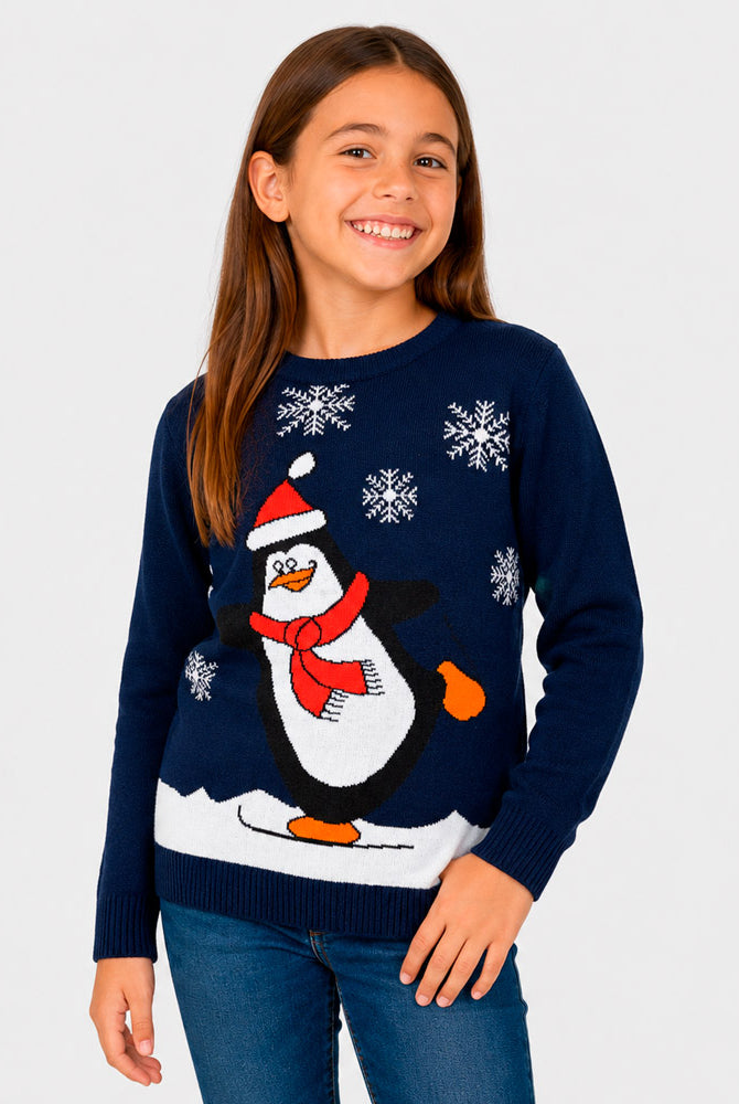 Pull de Noël Famille Bleu Marine avec Pingouin fille
