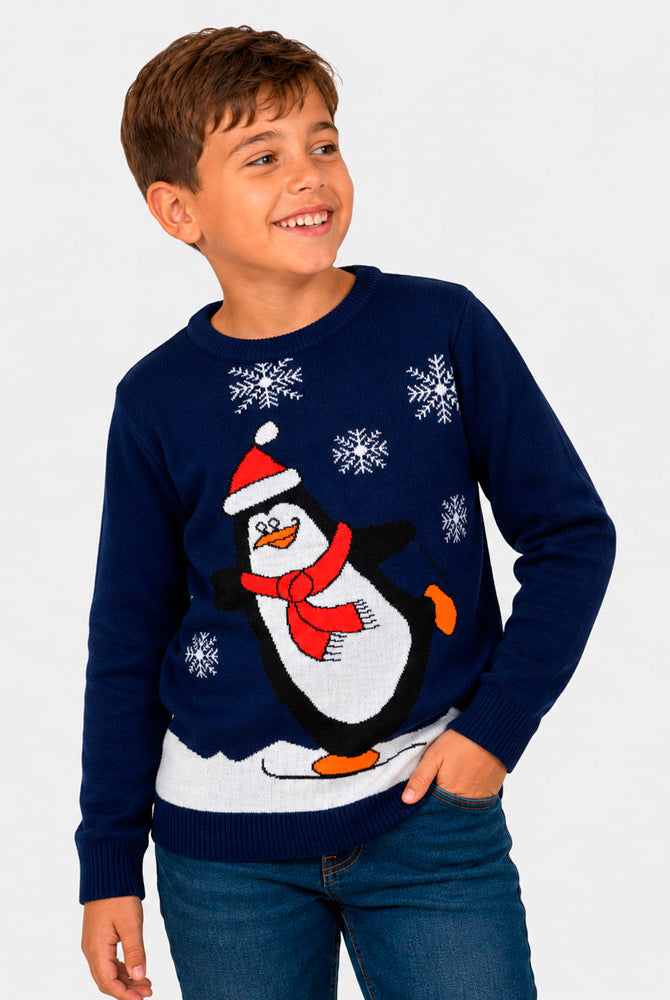 Pull de Noël Famille Bleu Marine avec Pingouin Garçon