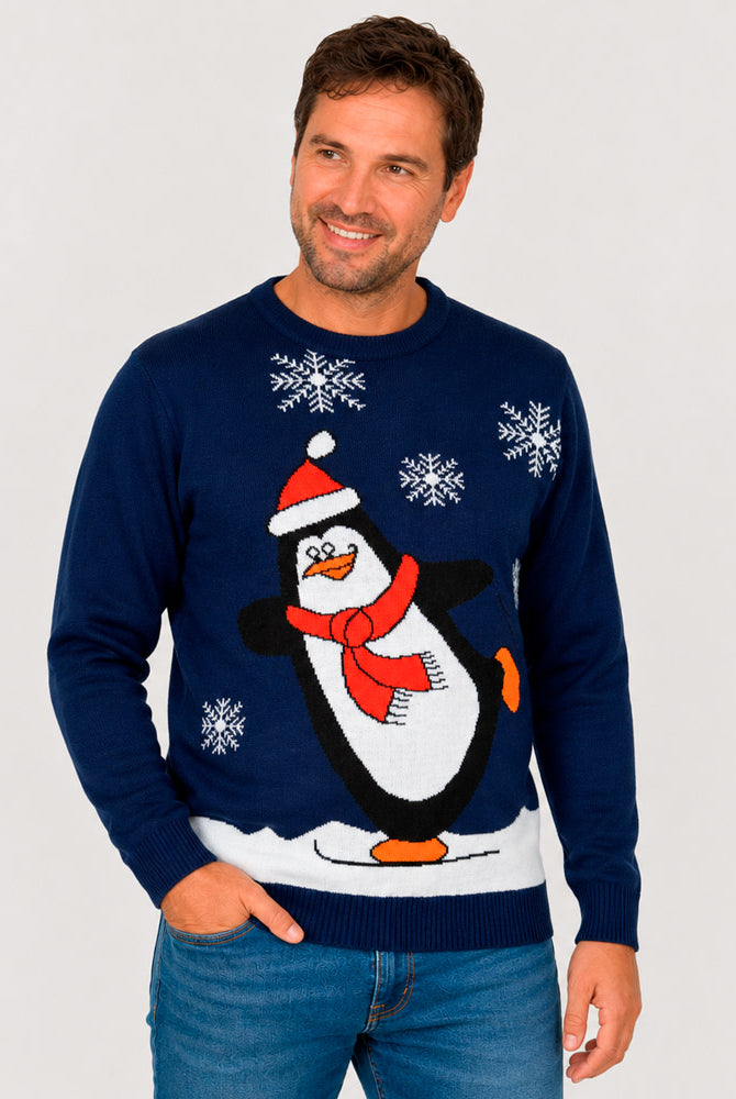 Pull de Noël Famille Bleu Marine avec Pingouin Homme