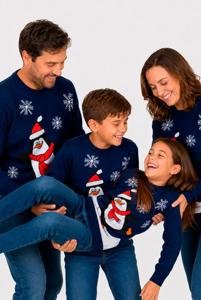 Pull de Noël Famille Bleu Marine avec Pingouin