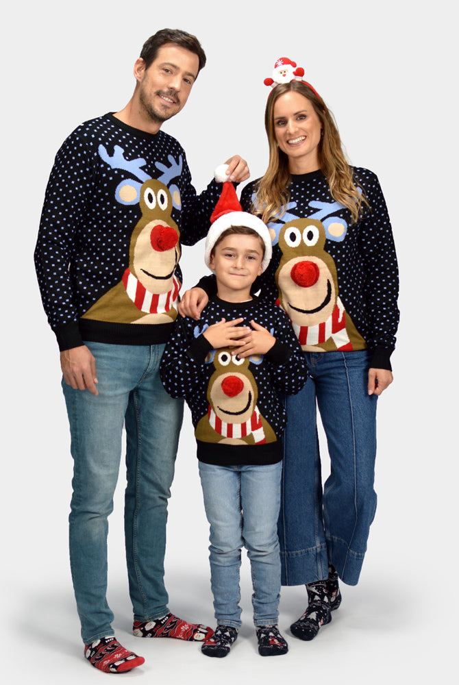 Pull de Noël pour Famille Bleu Renne avec Nez Rouge 3D