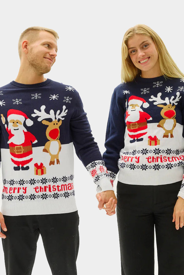 Pull de Noël pour Famille Bleu Père Noël et Rudolph le Renne