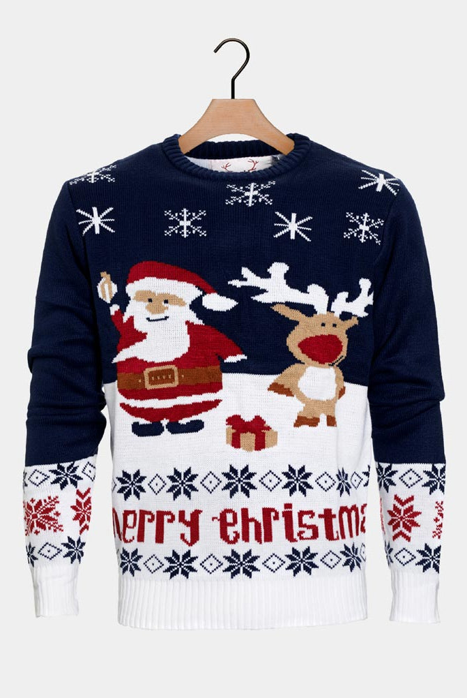 Pull de Noël pour Famille Bleu Père Noël et Rudolph le Renne Coton Bio