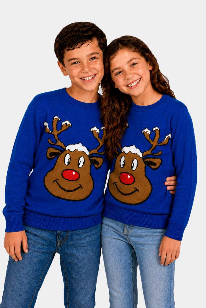 Pull de Noël Famille Bleu avec Renne Souriant Enfants