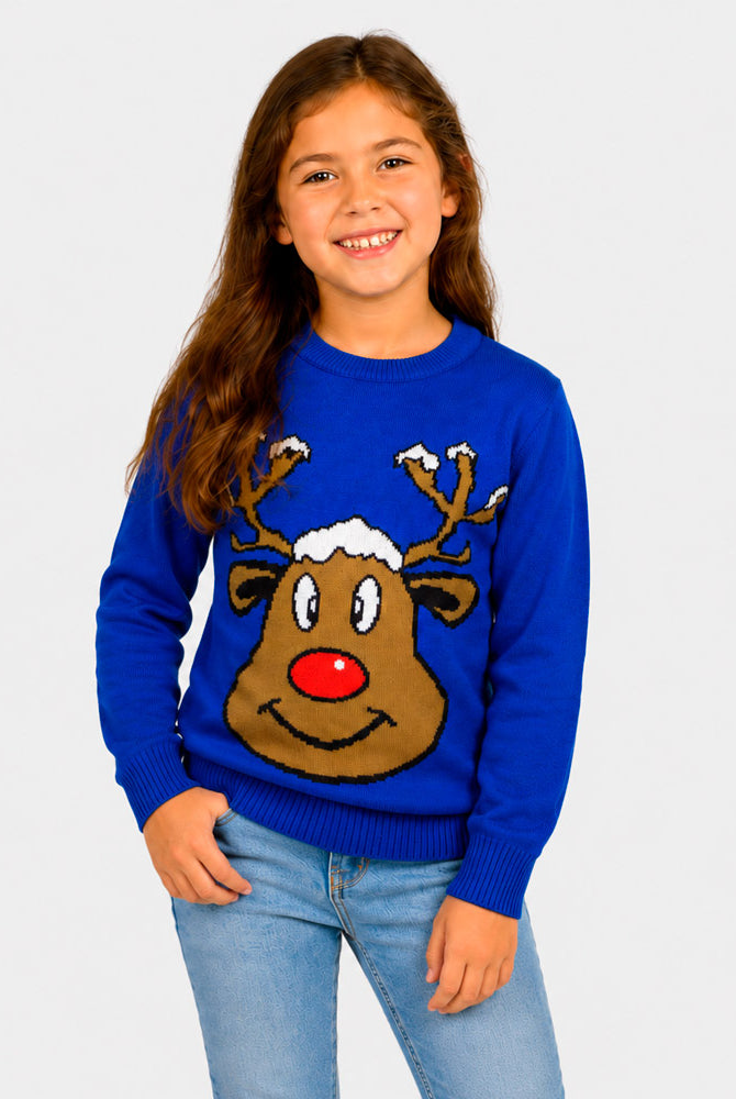 Pull de Noël Famille Bleu avec Renne Souriant Fille