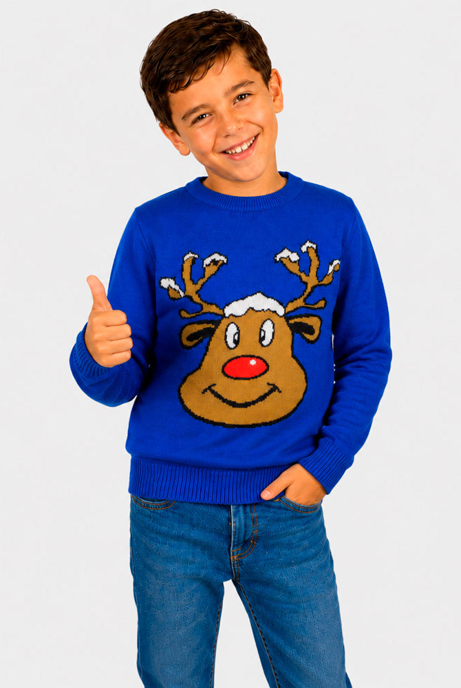 Pull de Noël Famille Bleu avec Renne Souriant Garçon