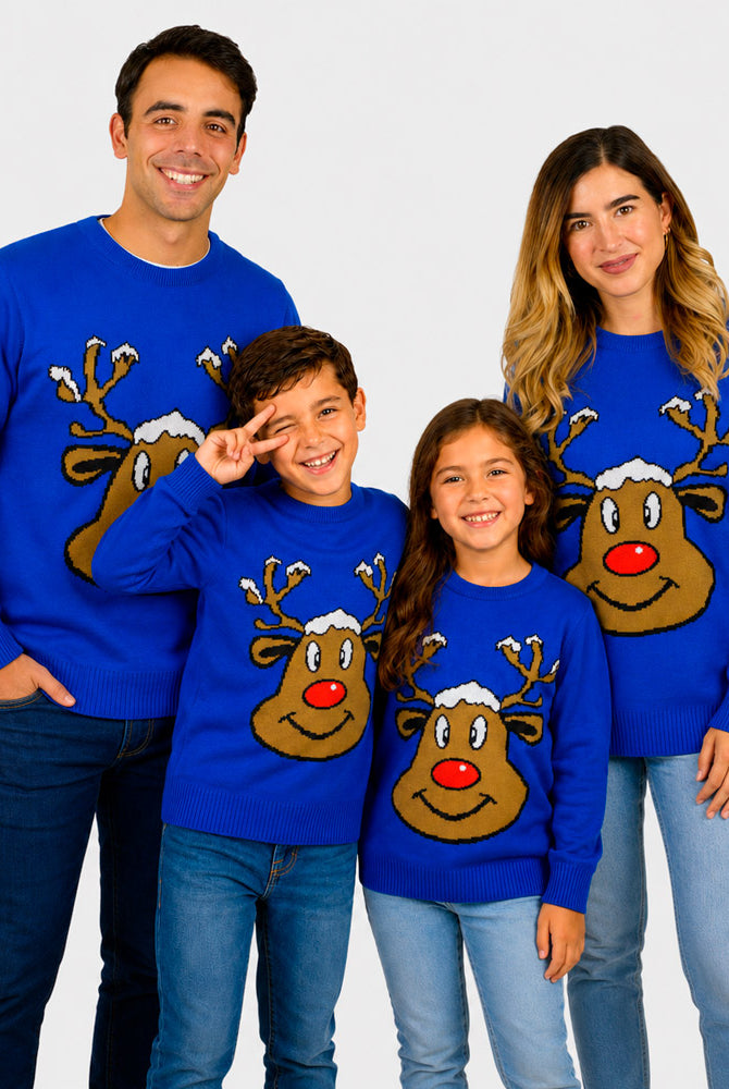 Pull de Noël Famille Bleu avec Renne Souriant