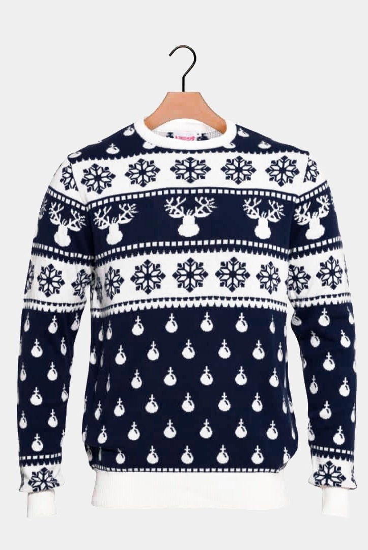 Pull de Noël pour Famille Bleu avec Rennes et Neige