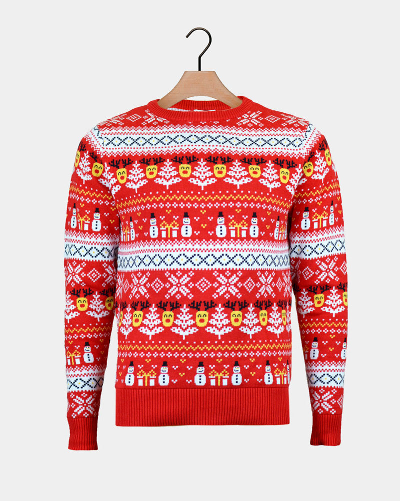 Pull de Noël Famille Bonhommes de Neige et Sapins Coton Bio Rouge