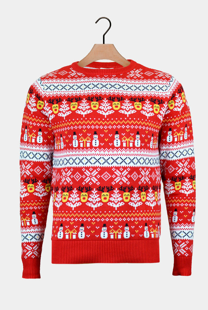 Pull de Noël Famille Bonhommes de Neige et Sapins Coton Bio Rouge