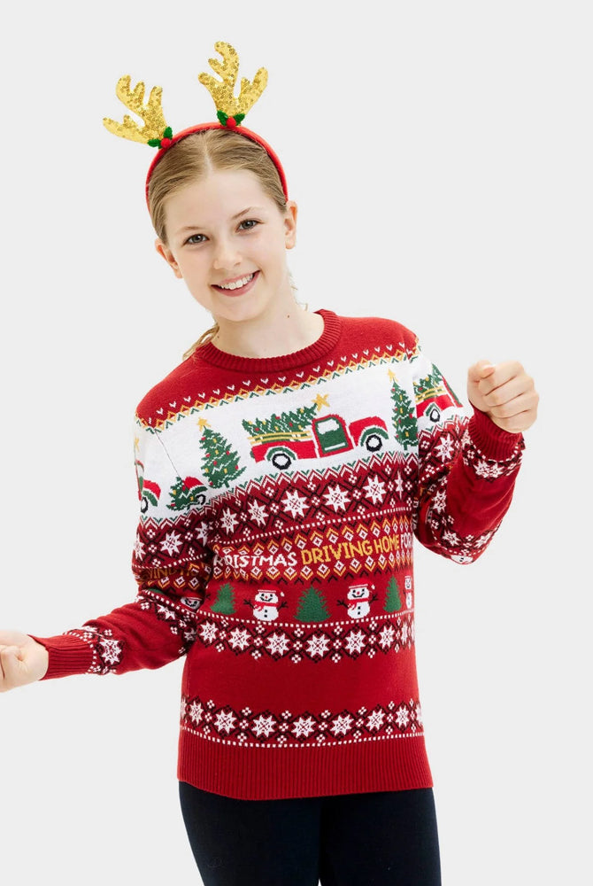 Pull de Noël pour Famille Enfant Driving Home