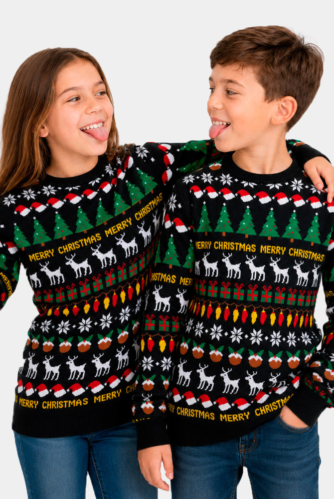 Pull de Noël Famille Enfants Noir avec Sapins, Rennes et Cadeaux