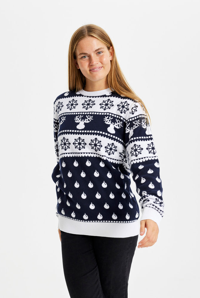 Pull de Noël pour Famille Bleu Femme Rennes et Neige