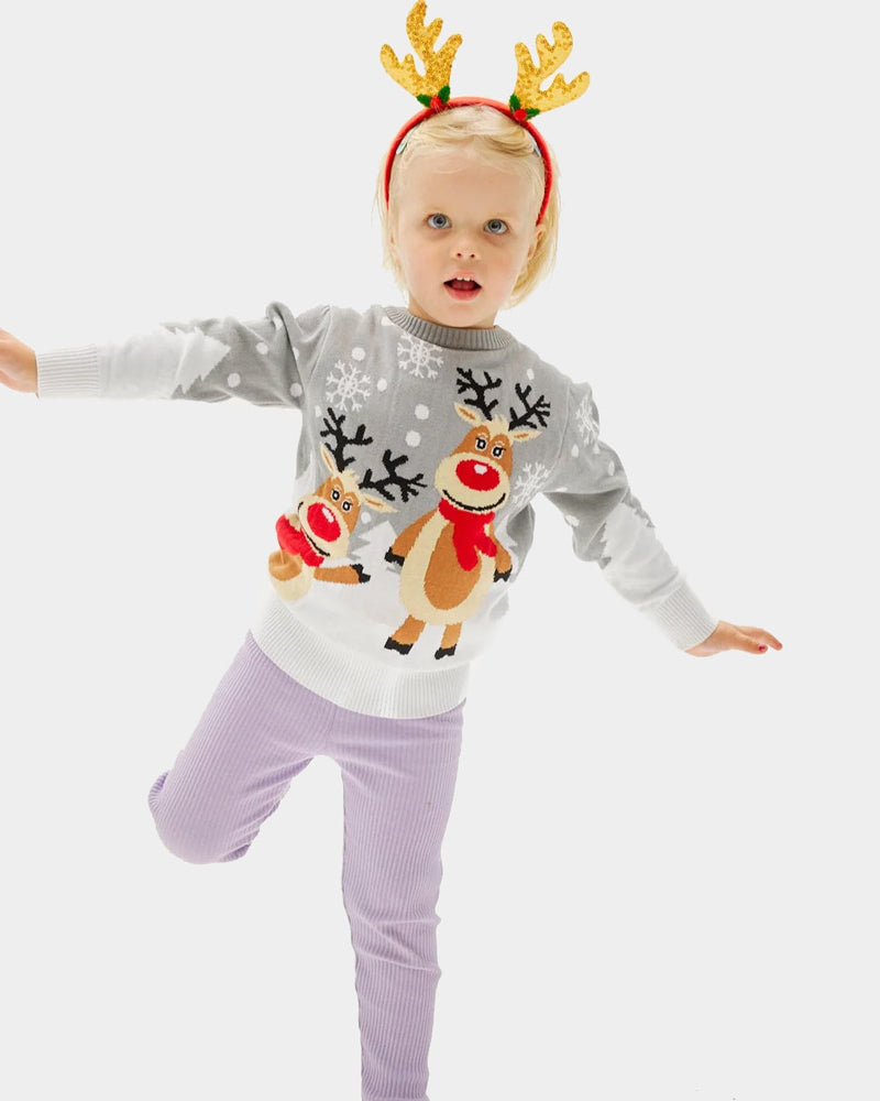 Pull de Noël pour Famille Gris avec Rennes Mignonnes Enfants