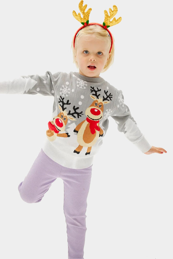 Pull de Noël pour Famille Gris avec Rennes Mignonnes Enfants