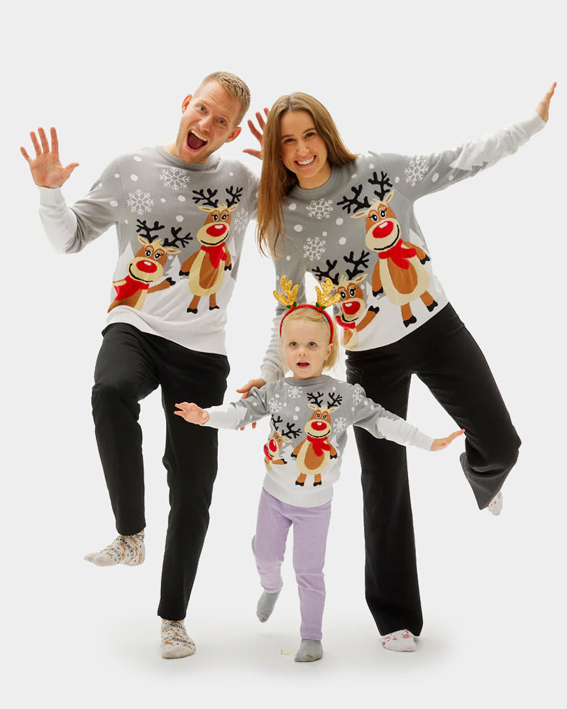 Pull de Noël pour Famille Gris avec Rennes Mignonnes
