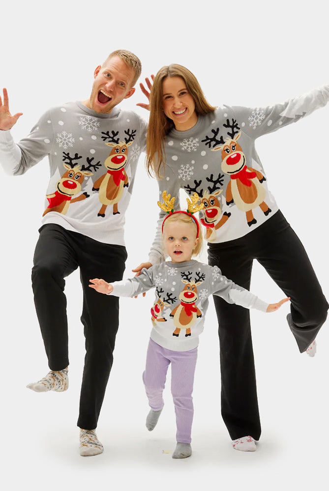 Pull de Noël pour Famille Gris avec Rennes Mignonnes