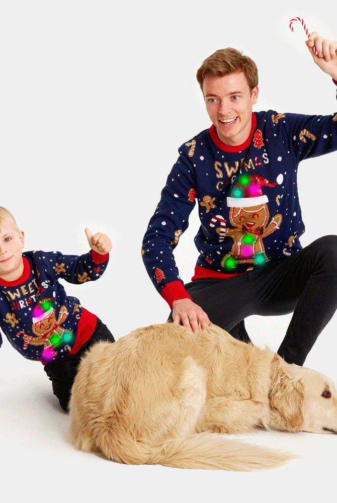 Pull de Noël famille Lumineux LED Bleu Ginger Cookie et Chien