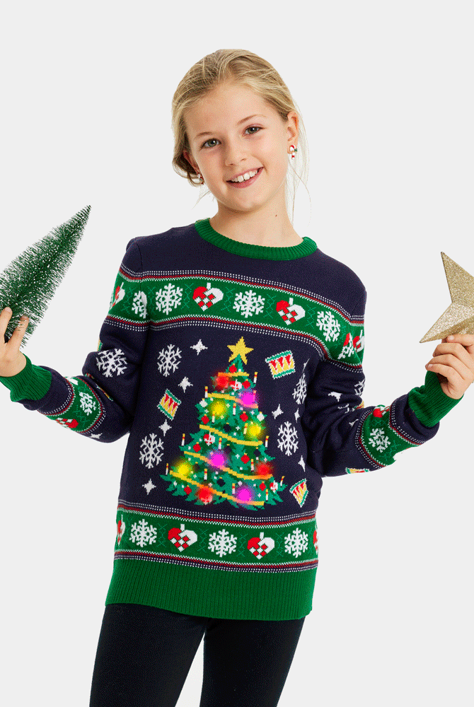 Pull de Noël pour Famille Lumineux LED Bleu avec Sapin de Noël Enfant