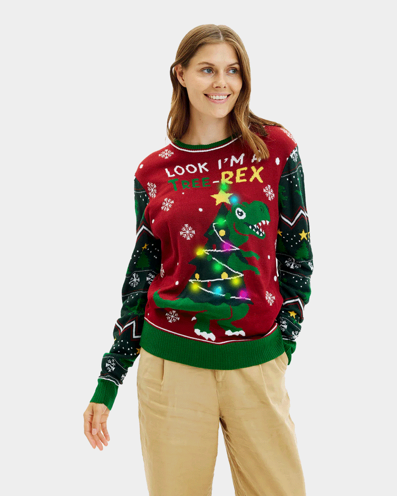 Femme Pull de Noël pour Famille Lumineux LED  Christmas Tree-Rex
