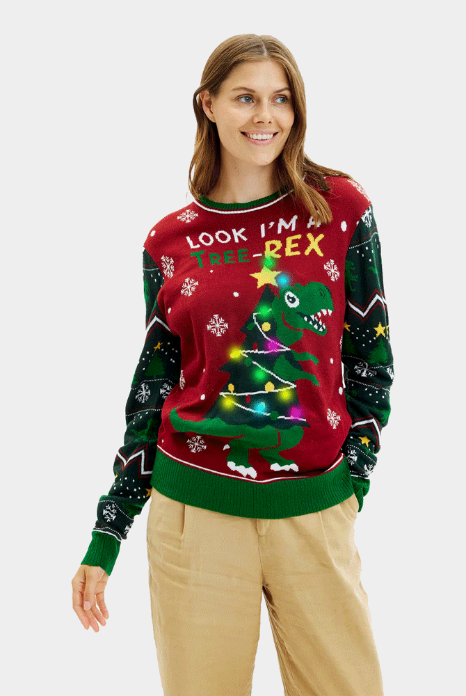 Femme Pull de Noël pour Famille Lumineux LED Christmas Tree-Rex