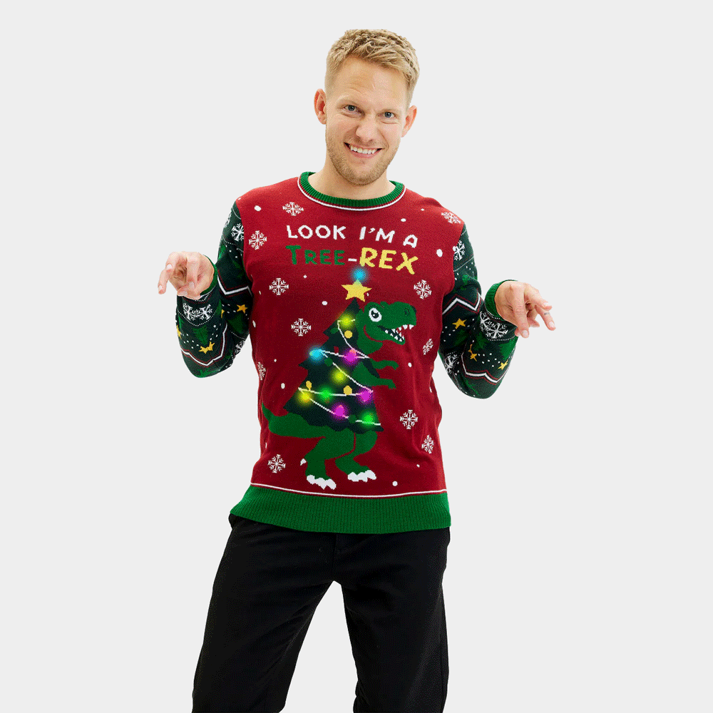 homme Pull de Noël pour Famille Lumineux LED  Christmas Tree-Rex
