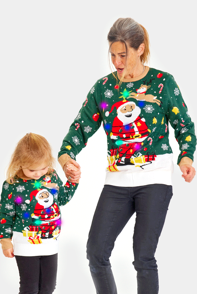 ligoté Pull de Noël Famille Lumineux LED Père Noël