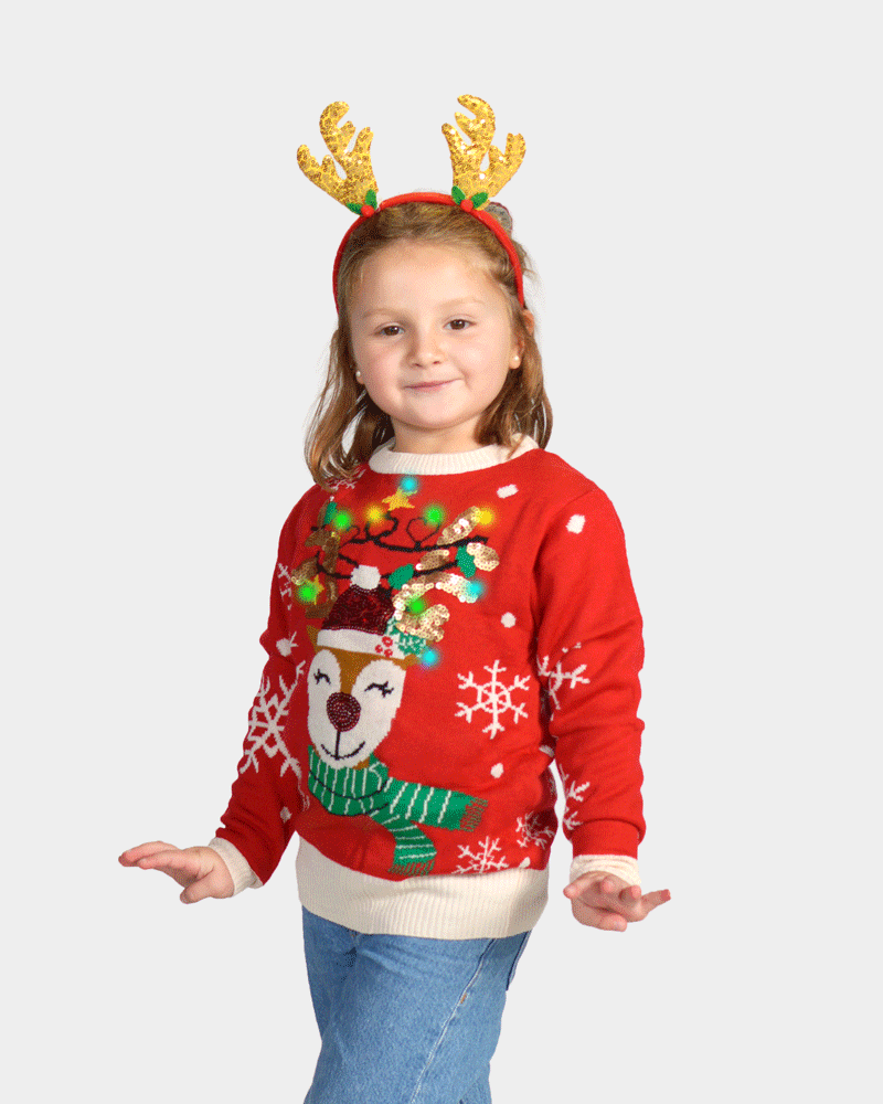 Pull de Noël pour Famille Lumineux LED Renne Brillant Paillettes Enfant