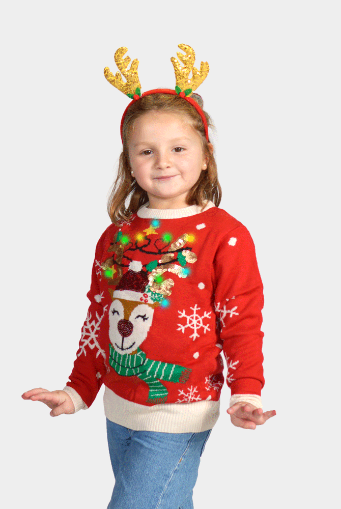Pull de Noël pour Famille Lumineux LED Renne Brillant Paillettes Enfant