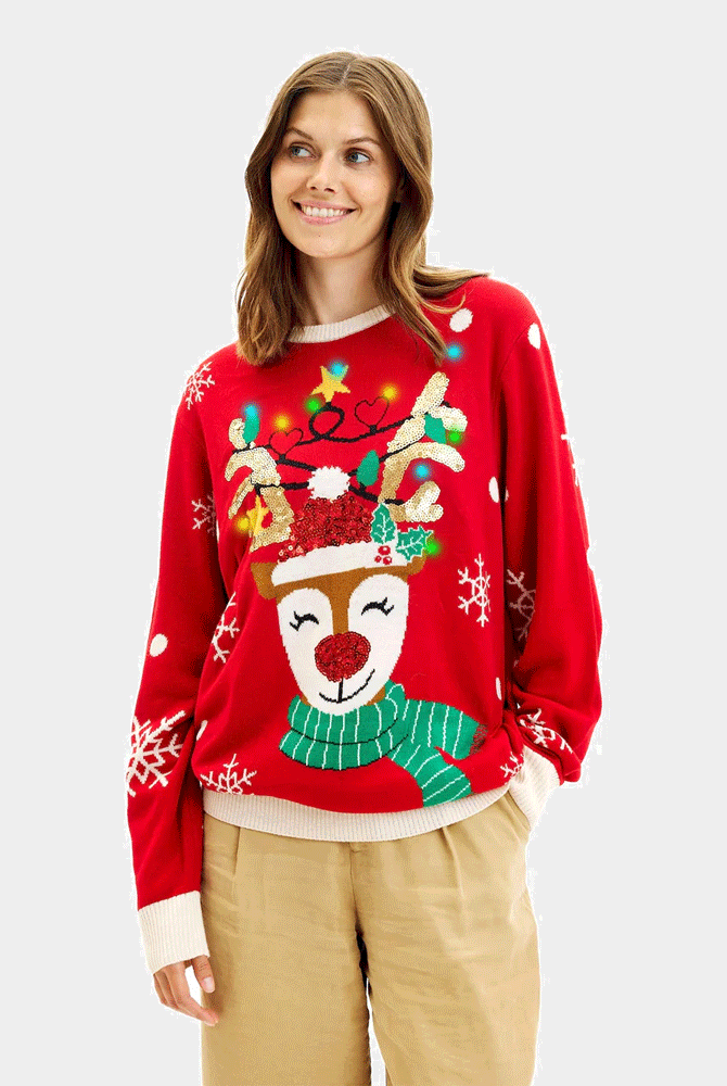 Pull de Noël pour Famille Lumineux LED Renne Brillant Paillettes Femme