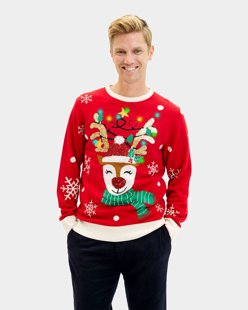 Pull de Noël pour Famille Lumineux LED Renne Brillant Paillettes Homme