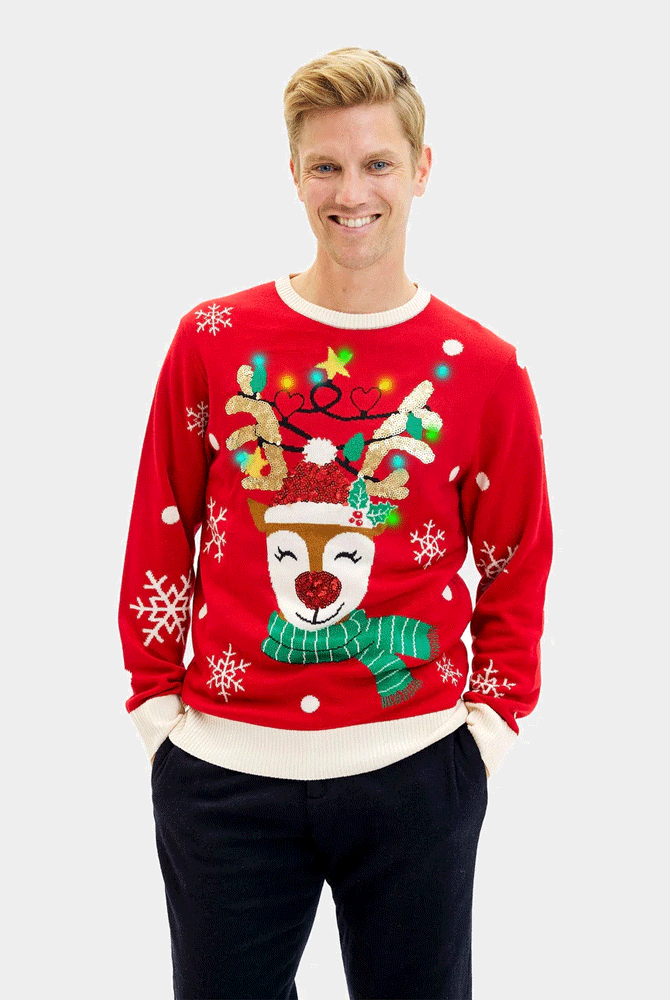 Pull de Noël pour Famille Lumineux LED Renne Brillant Paillettes Homme